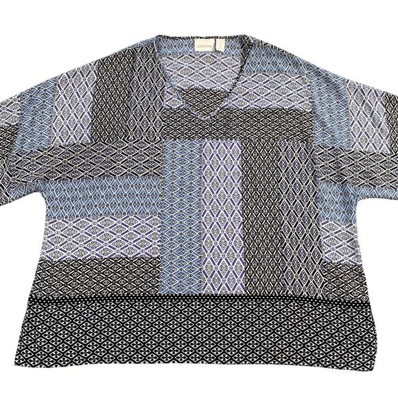 Chico's Top Womens 3 Blue Purple Geo Brit Geometric Relaxed Fit Flutter Sleeve - Picture 1 of 16